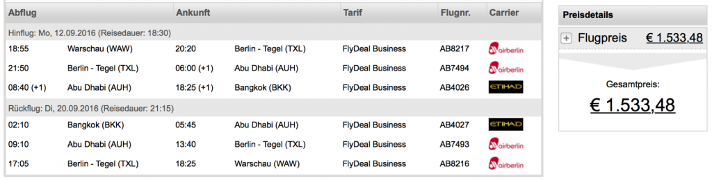 airberlin und Etihad Airways Business Class Angebote 