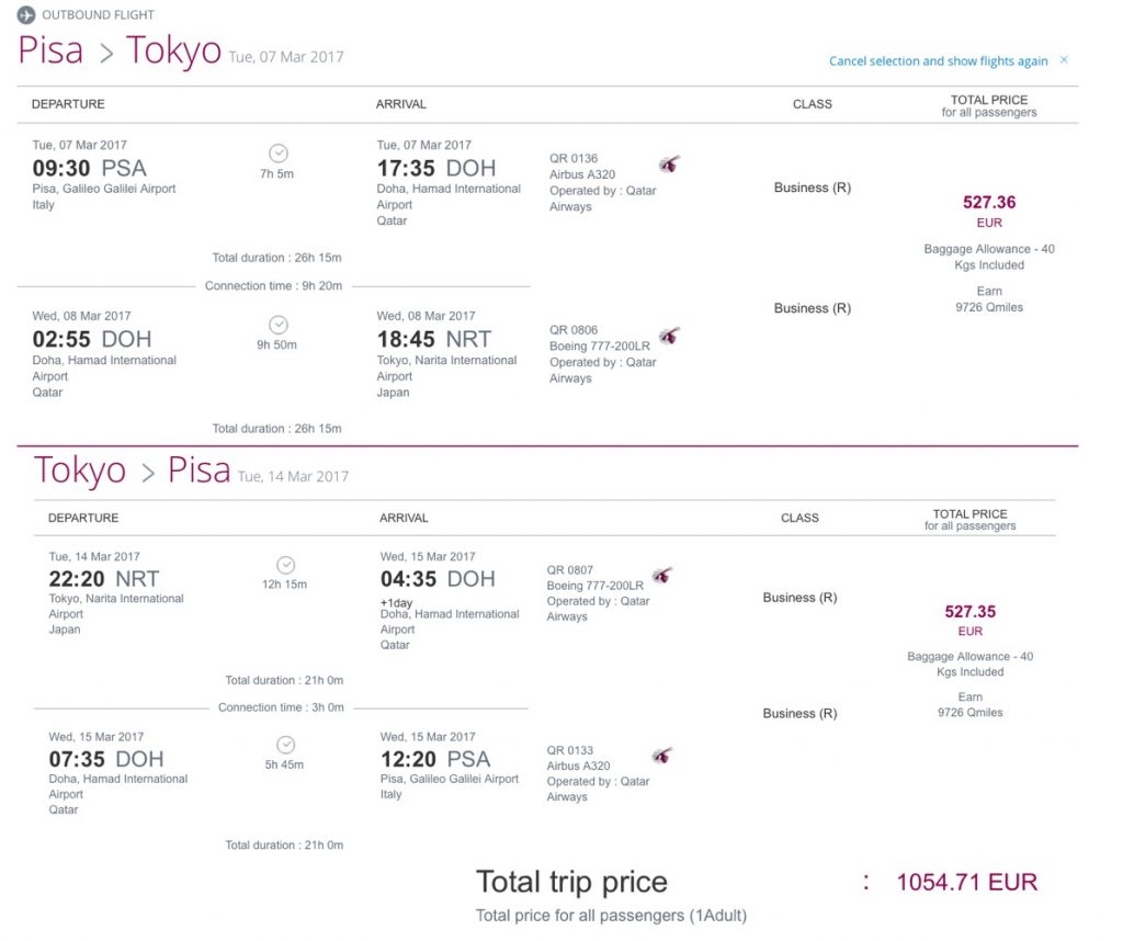 Qatar Airways Business Class Sale nach Tokio