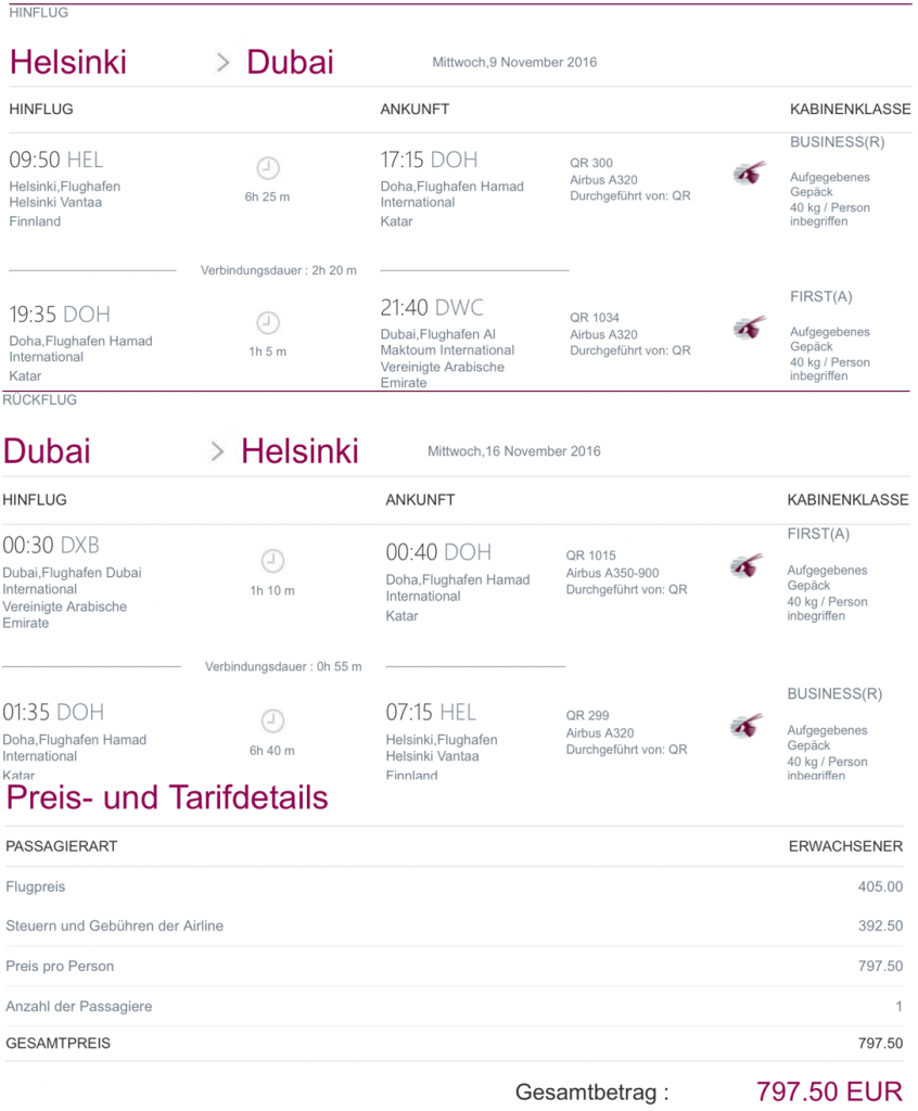 Qatar Airways Business Class Angebote nach Dubai