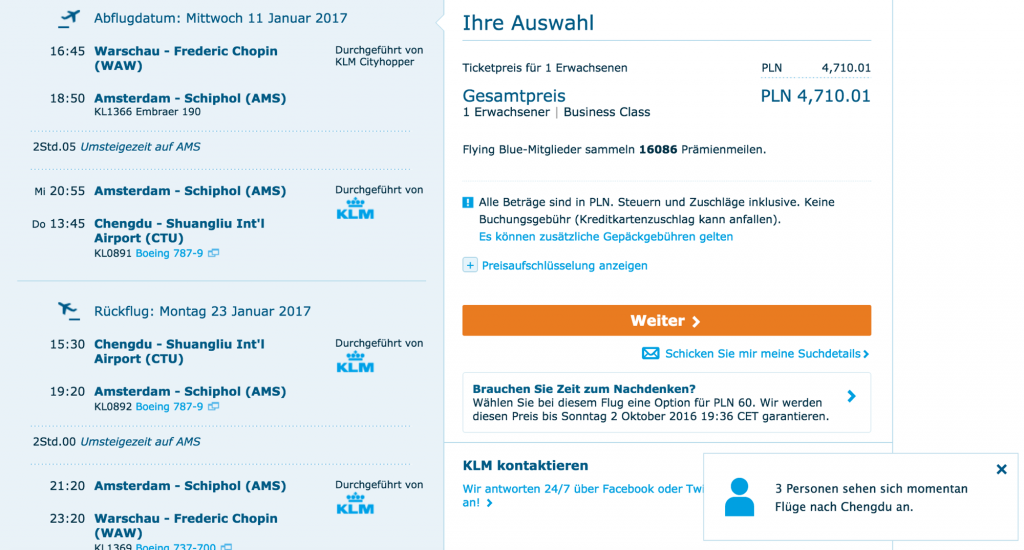 KLM Business Class Angebote nach China