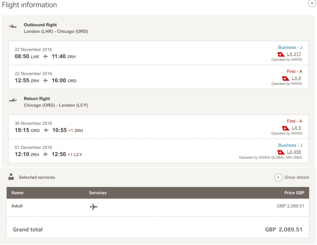 SWISS First Class Sale nach Chicago