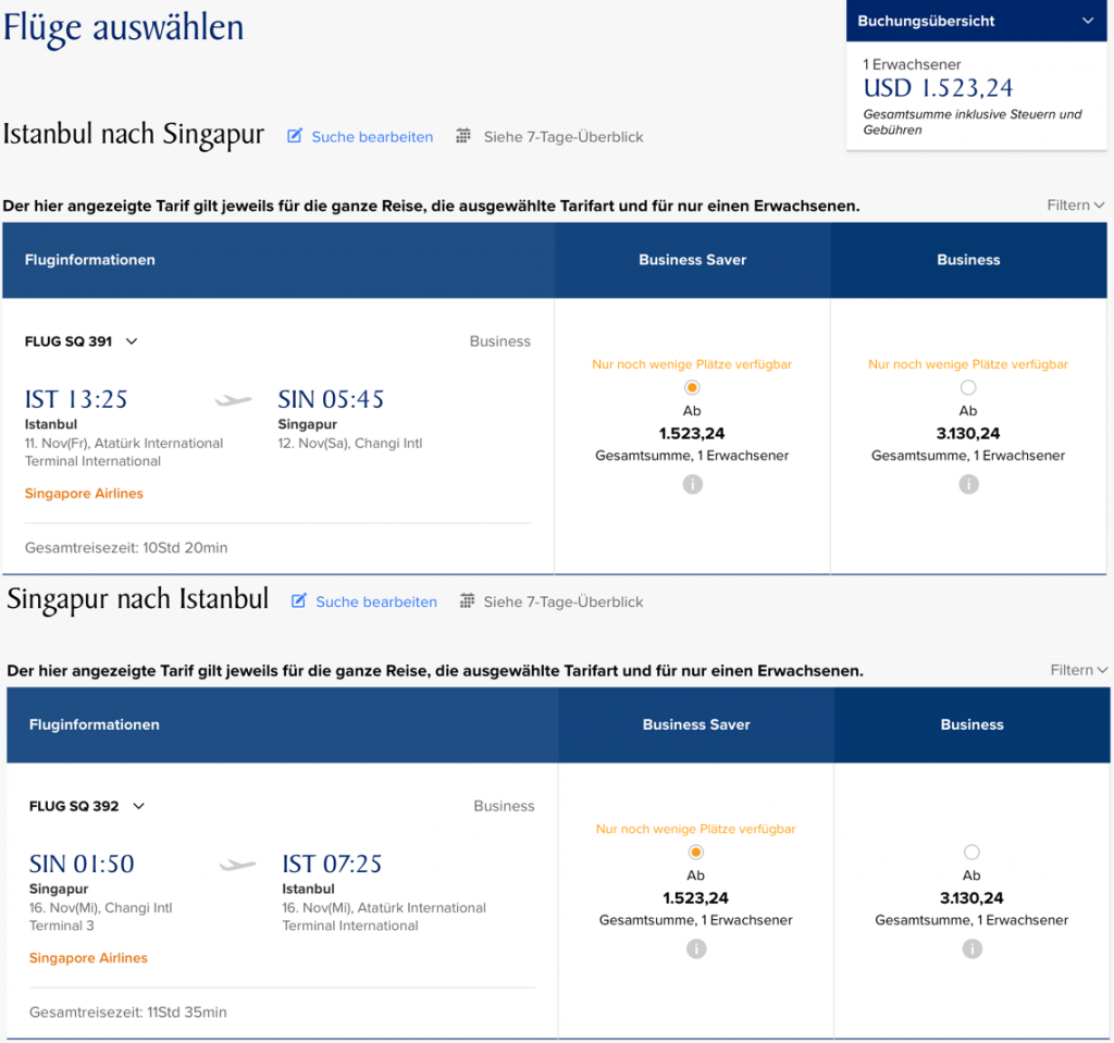 Singapore Airlines Business Class günstig fliegen