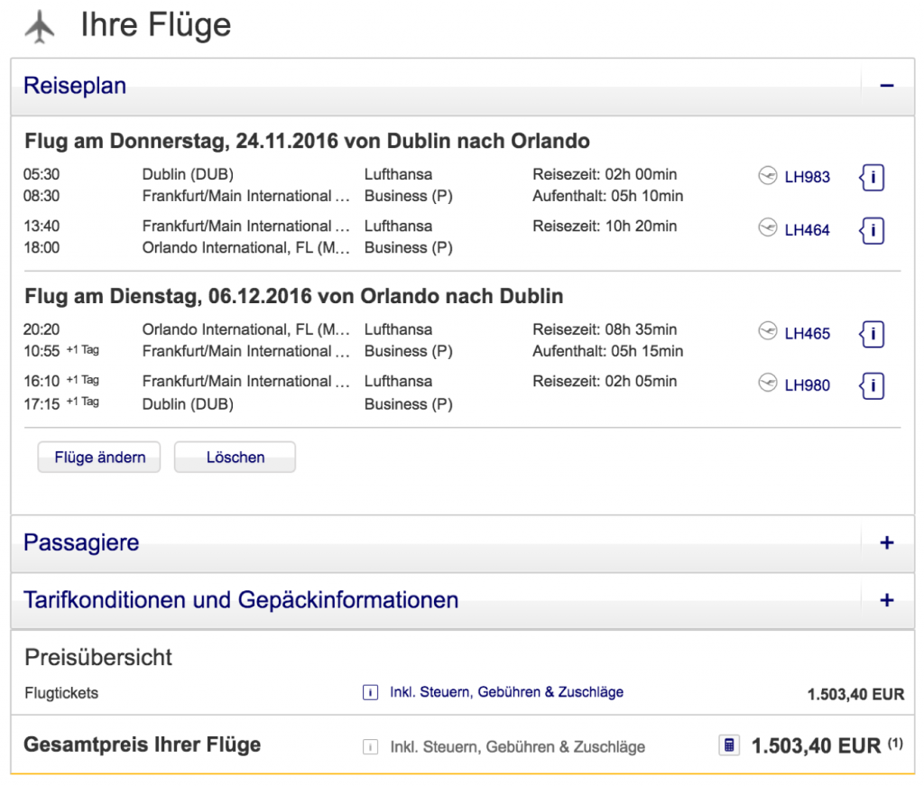 Lufthansa Business Class Sale nach Orlando