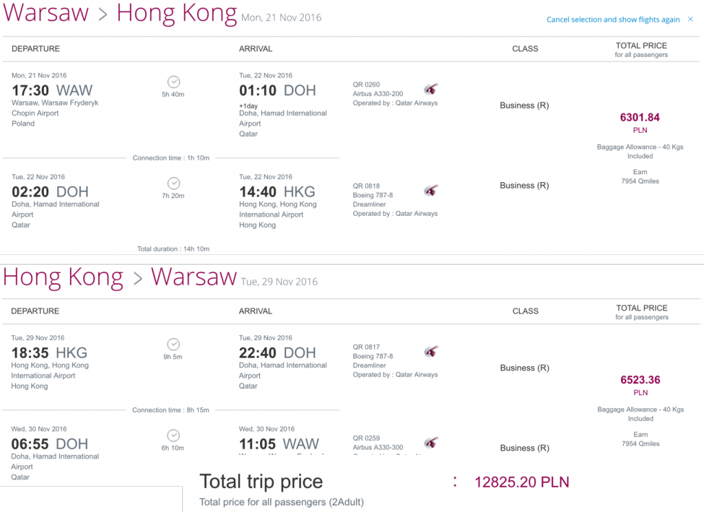 Qatar Airways Business Class Partner Sale nach Hongko