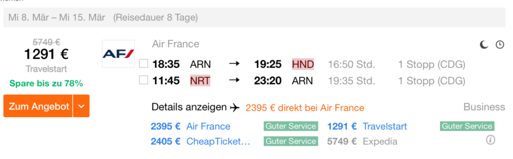 Air France Business Class nach Tokio