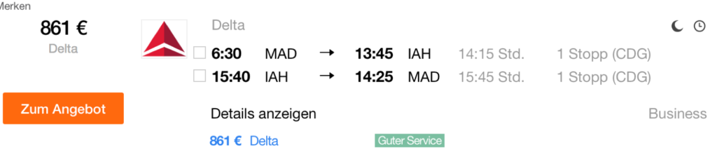 SkyTeam Business Class Sale in die USA