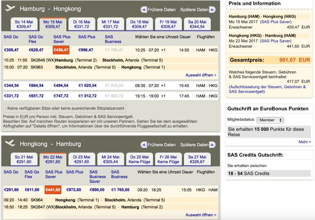 SAS Plus Angebote nach Hongkong