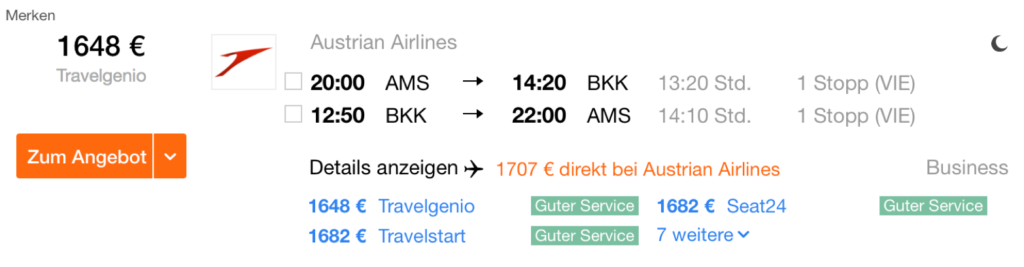 Austrian Airlines Business Class nach Bangkok
