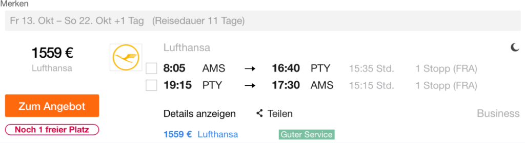 Lufthansa Business Class nach Panama