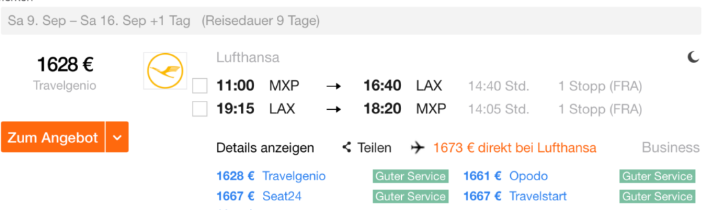 Günstig Lufthansa Business Class an die US-Westküste