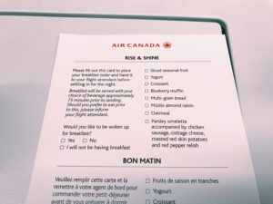Air Canada Boeing 777 Business Class Frühstückskarte