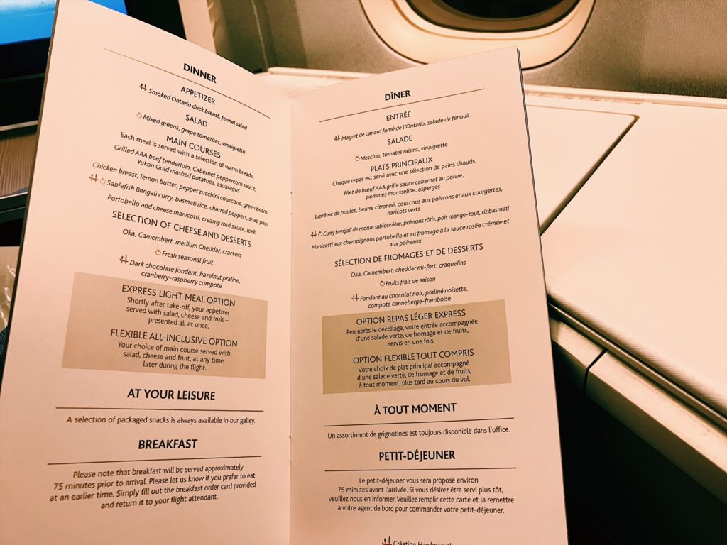 Air Canada Boeing 777 Business Class Dinnerkarte