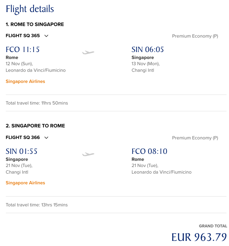 Singapore Airlines Premium Economy Class angebote nach Asien