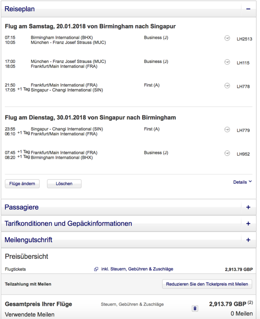 Lufthansa First Class nach Singapur