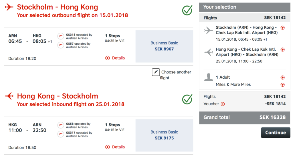 Austrian Airlines Business Class Hongkong