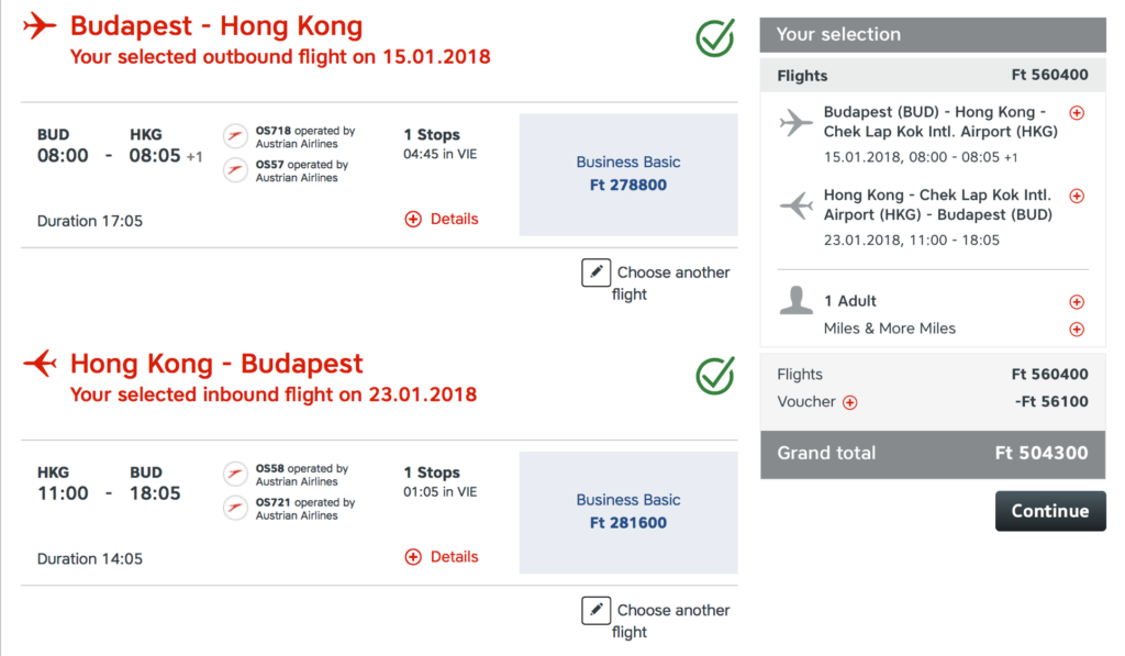Austrian Airlines Business Class nach Hongkong