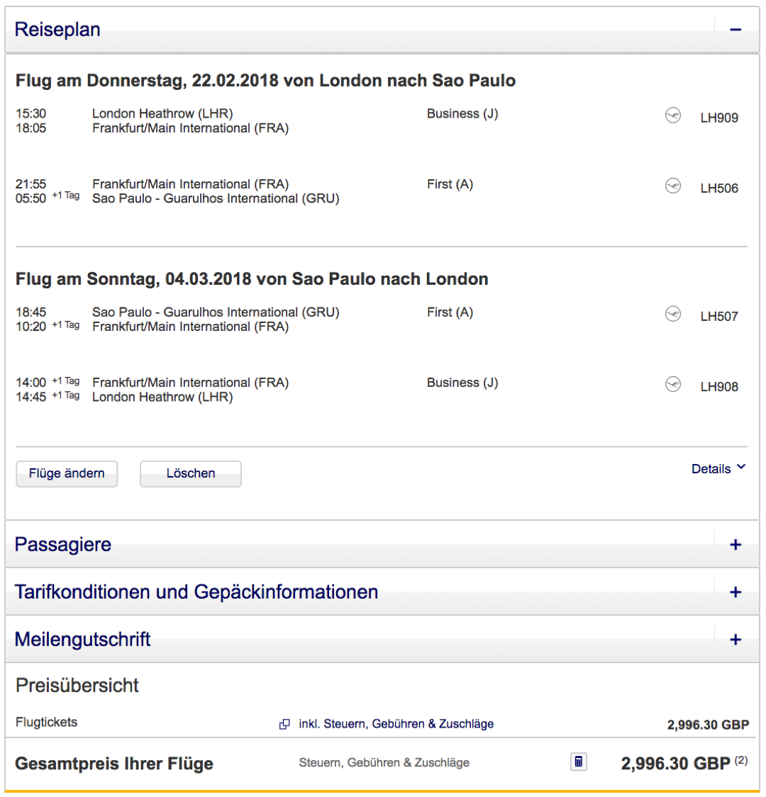 Lufthansa First Class nach Südamerika