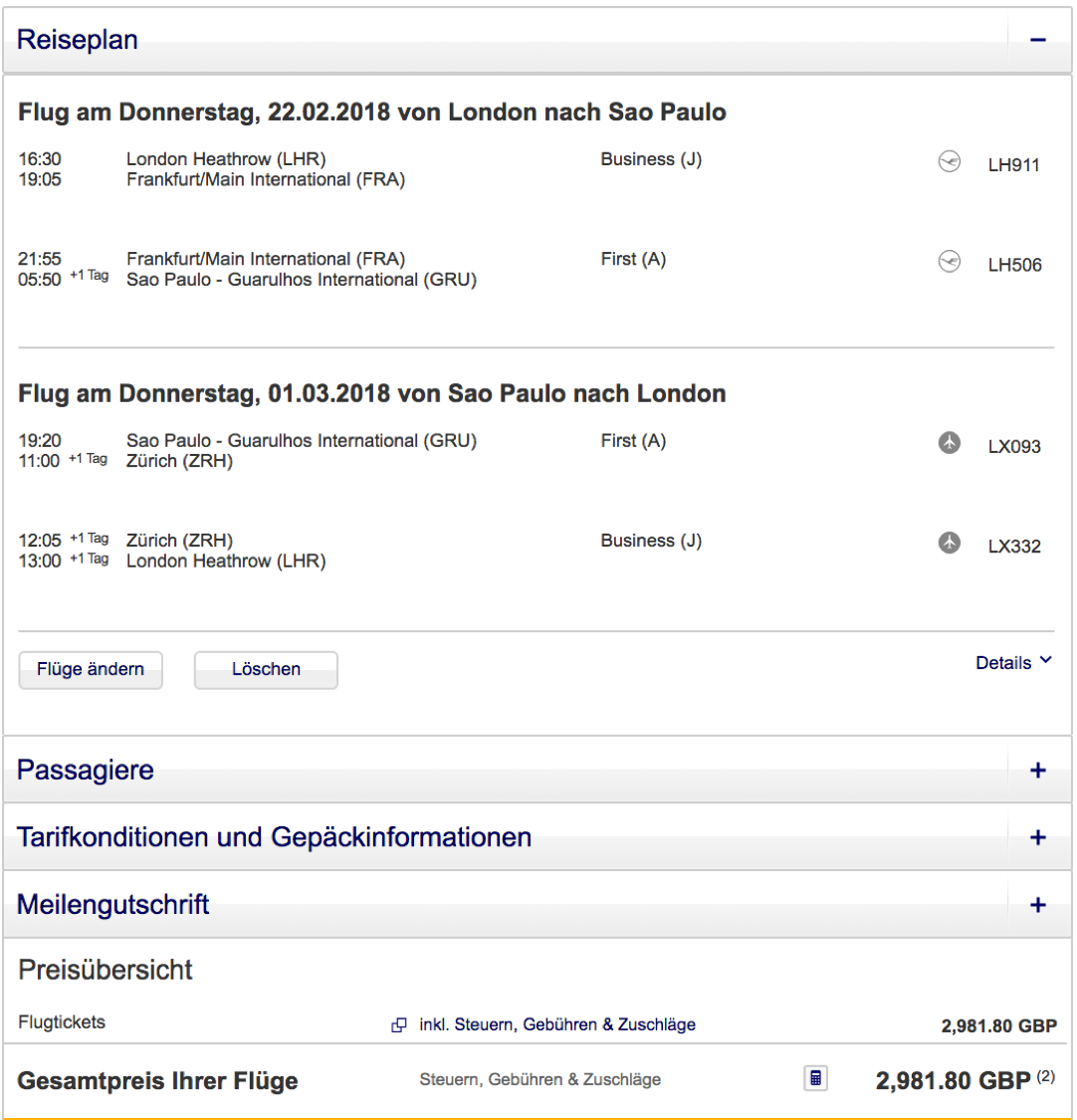 Lufthansa First Class nach Südamerika