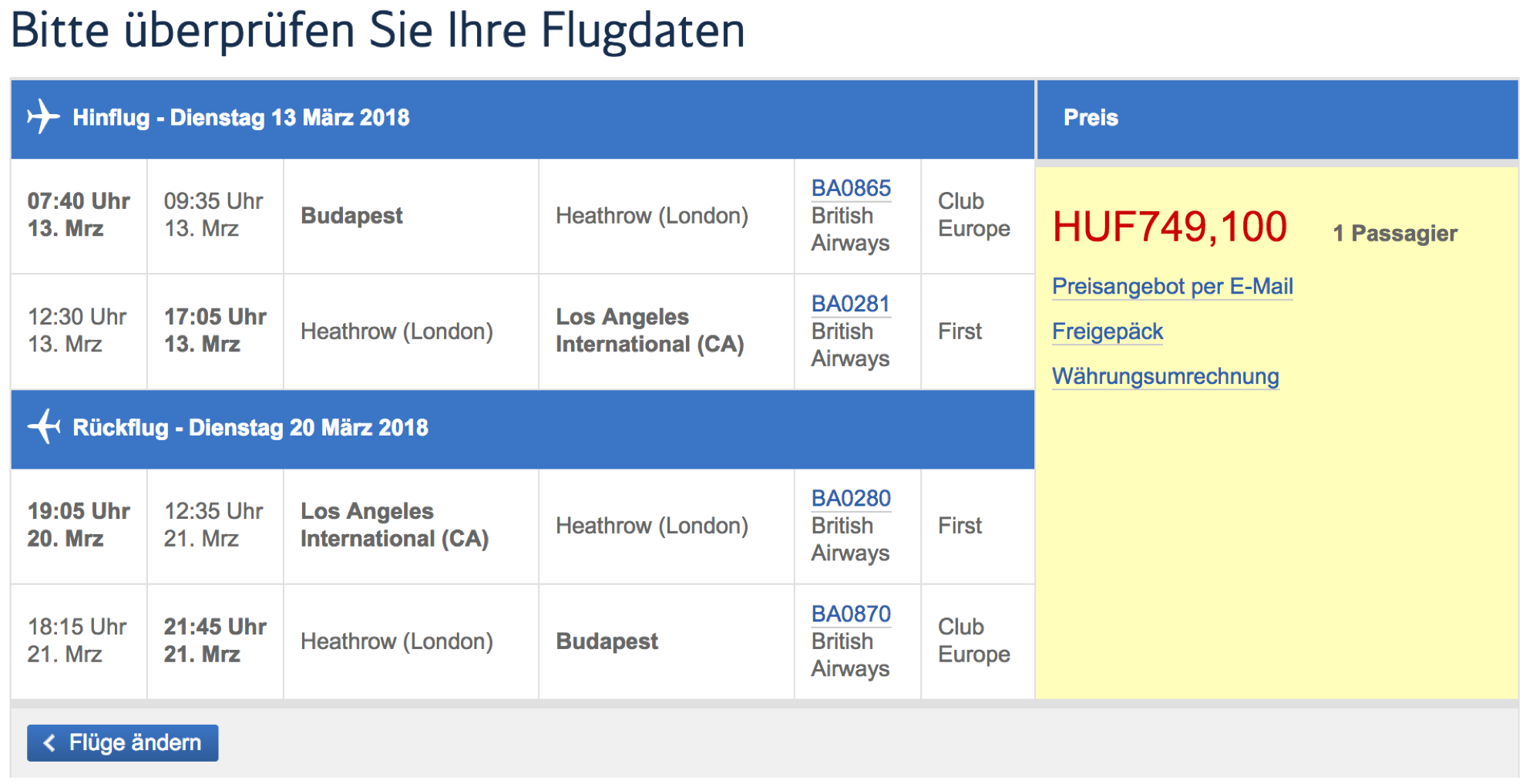 British Airways First Class Angebote