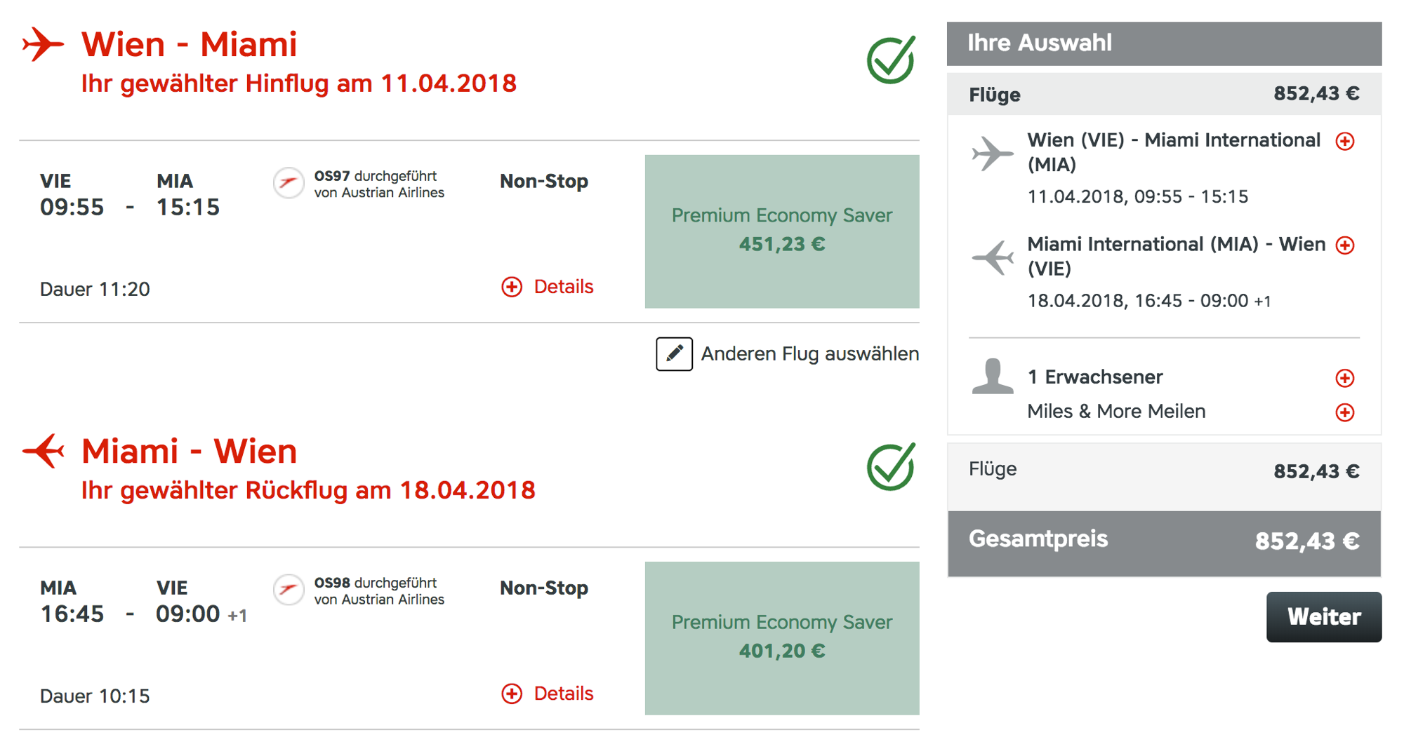 Austrian Airlines Premium Economy Angebote