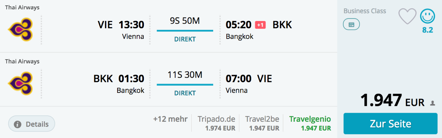 Thai Airways Business Class Angebote ab Wien