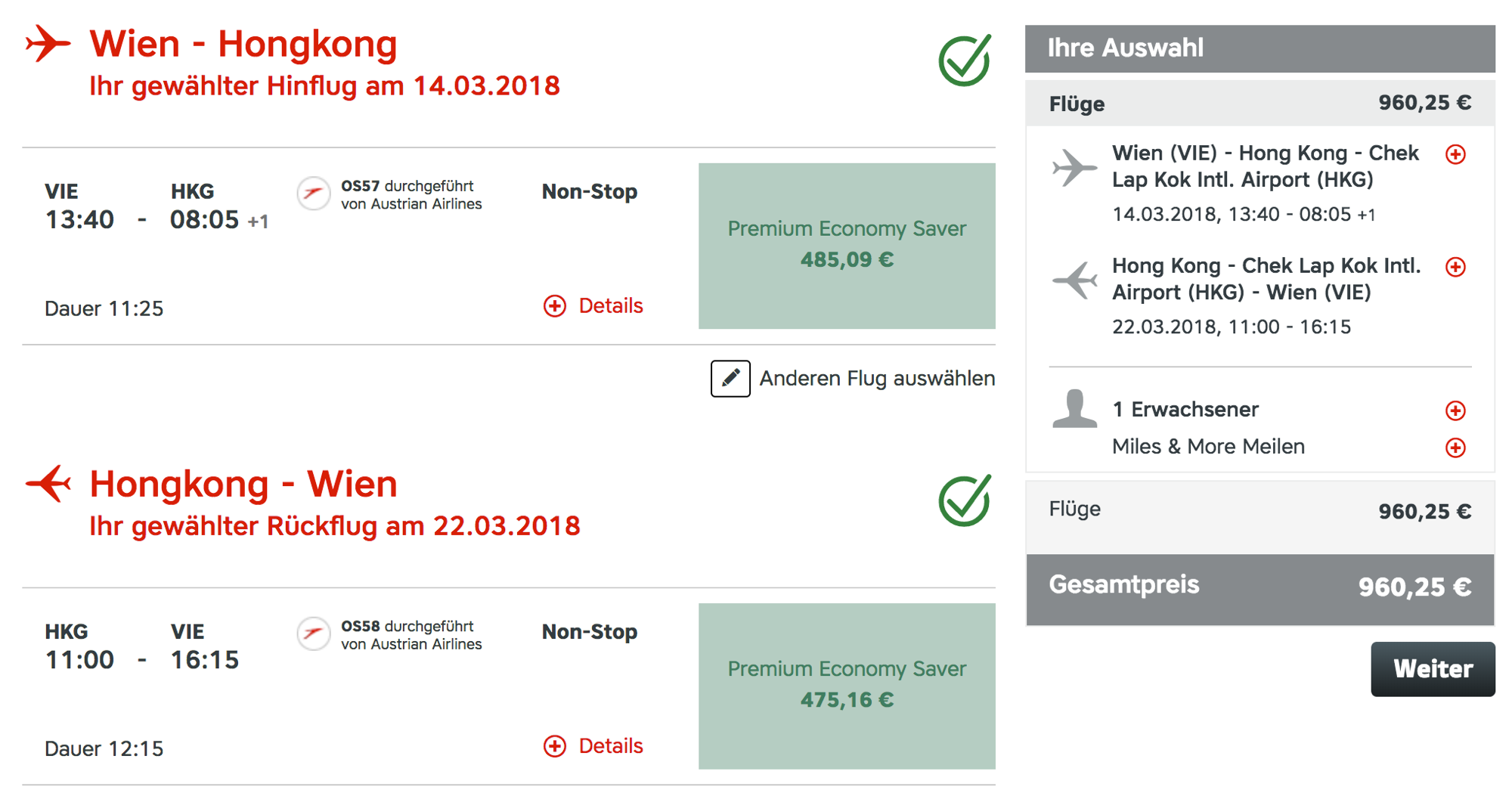 Austrian Airlines Premium Economy Angebote nach Asien