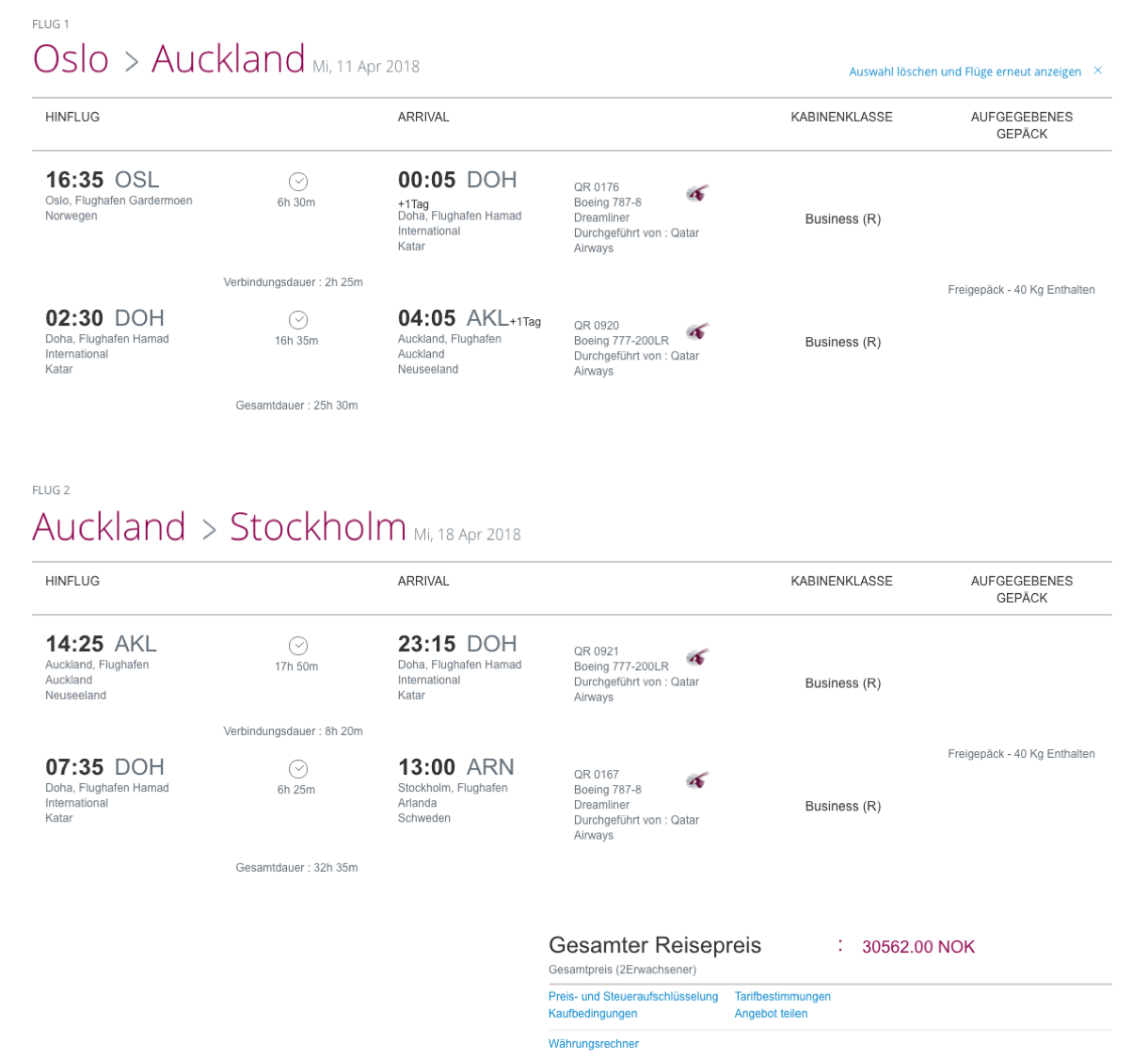 Günstig Business Class nach Neuseeland flegen