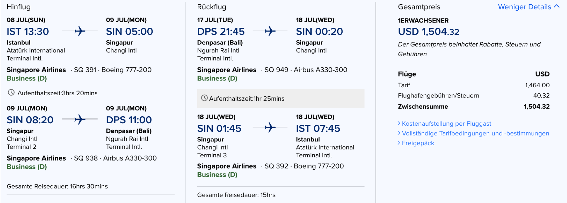 Singapore Airlines Business Class günstig fliegen