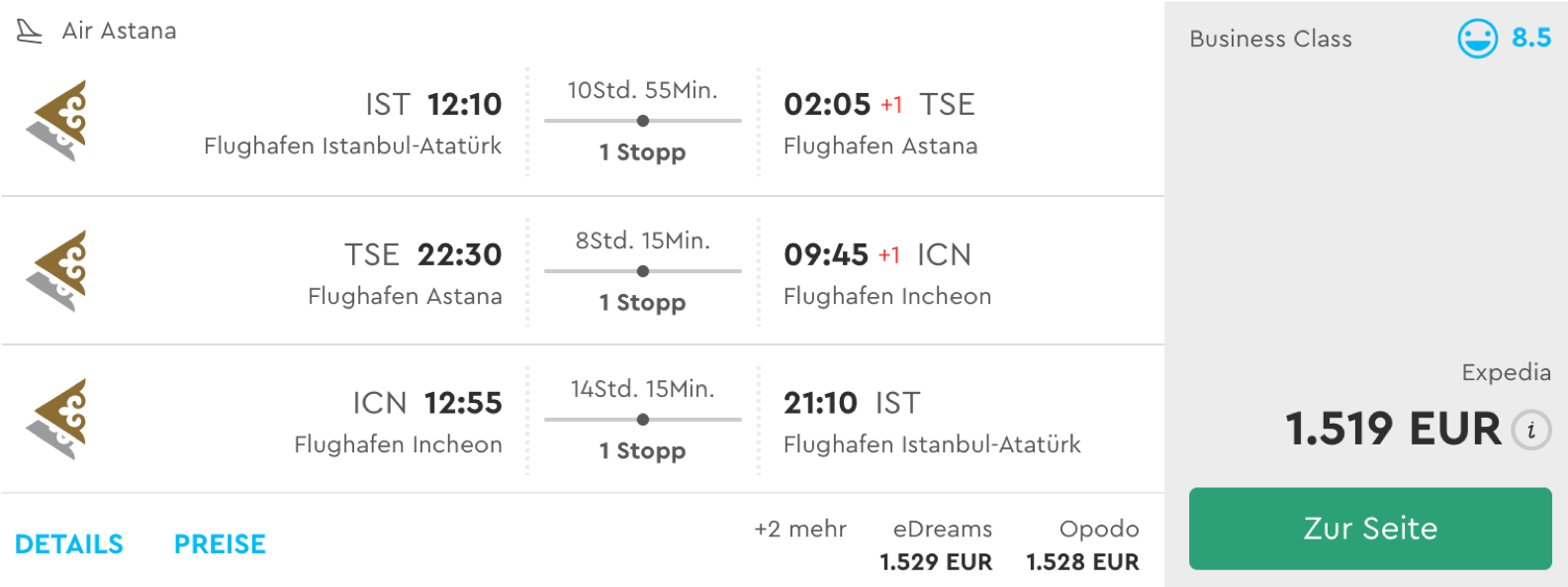 Air Astana Business Class nach Asien fliegen