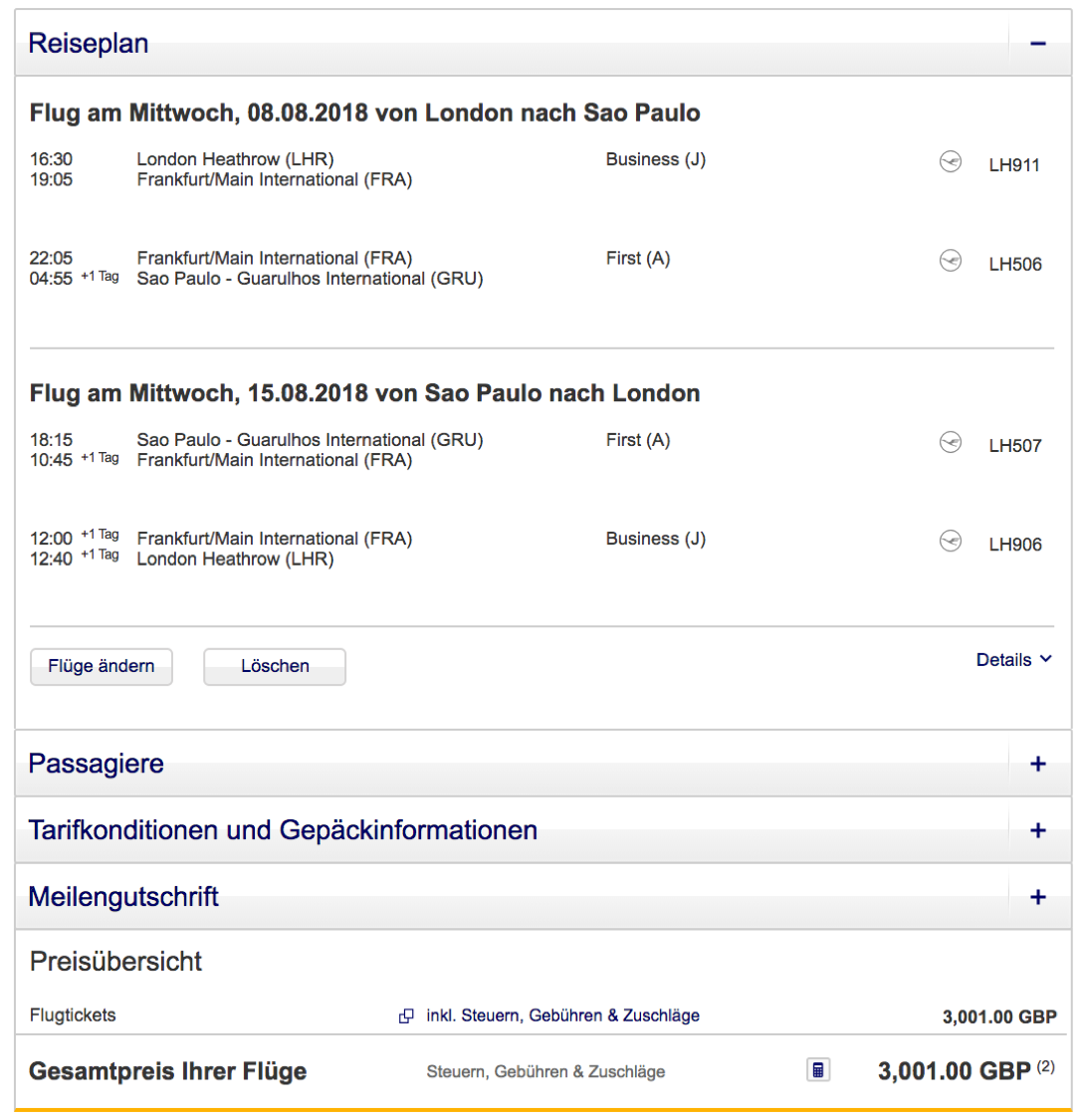 Günstige Lufthansa First Class Flüge nach Sao Paulo