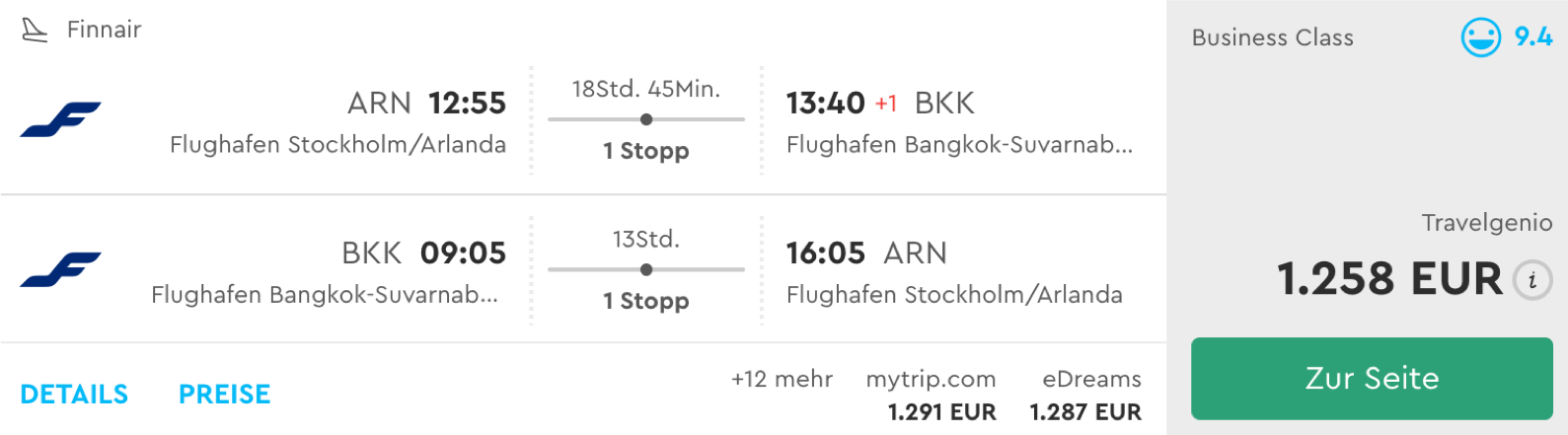 Günstig Finnair Business Class nach Bangkok fliegen