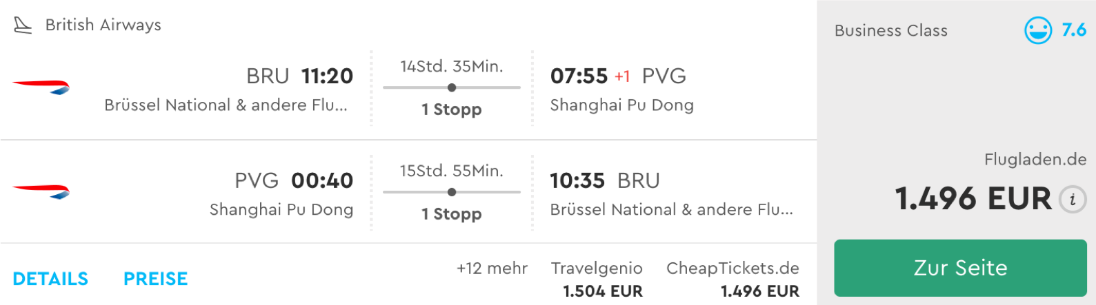 British Airways Business Class nach Shanghai fliegen