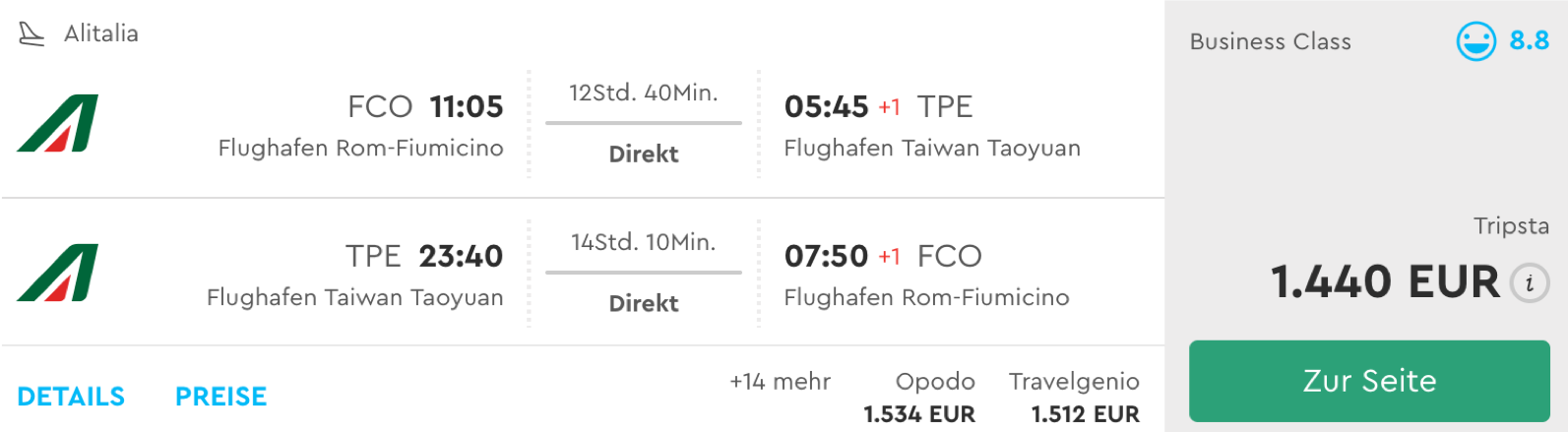 Günstige Business Class Flüge nach Taipeh