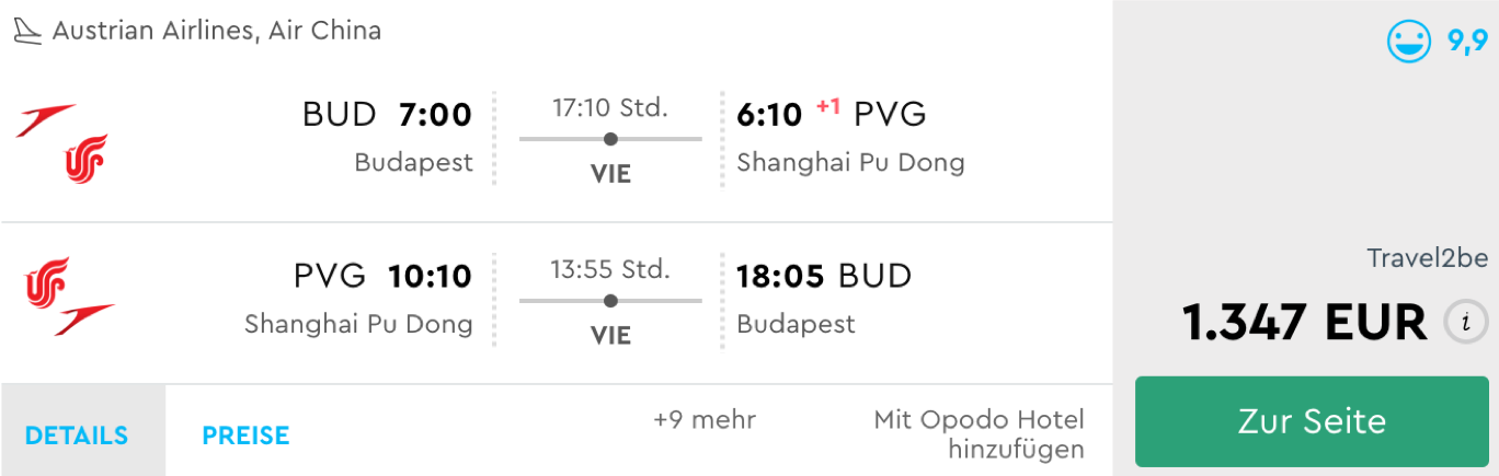 Günstig Austrian Airlines Business Class nach Shanghai fliegen