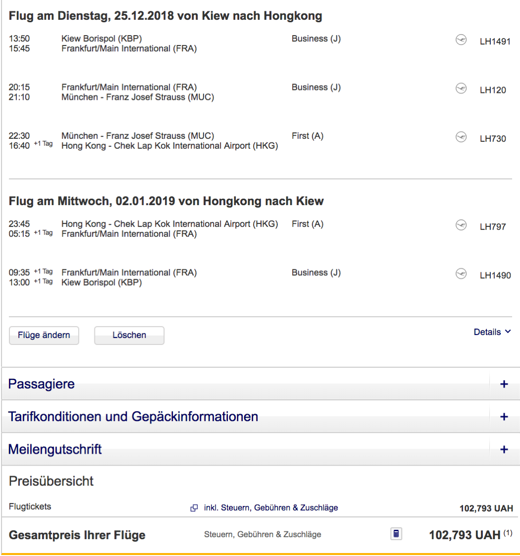 Lufthansa First Class nach Hongkong