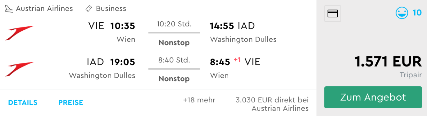 Austrian Airlines Business Class Flüge nach Washington