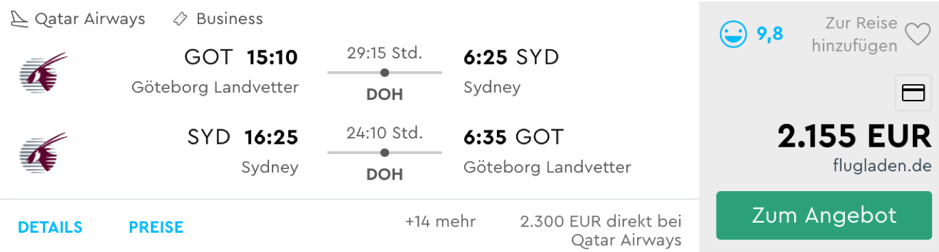 Qatar Airways QSuite nach Sydney fliegen
