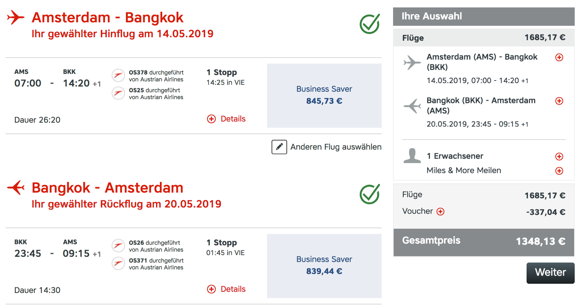 Günstig Austrian Airlines Business Class nach Bangkok fliegen