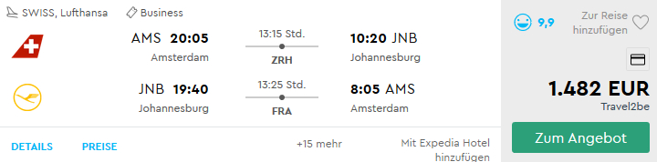 Günstige Lufthansa Business Class Flüge nach Johannesburg